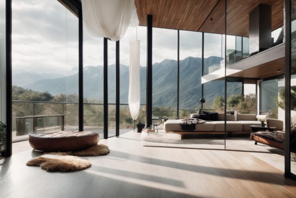 modern home interior with floor-to-ceiling windows showcasing mountain view, UV-protective film applied