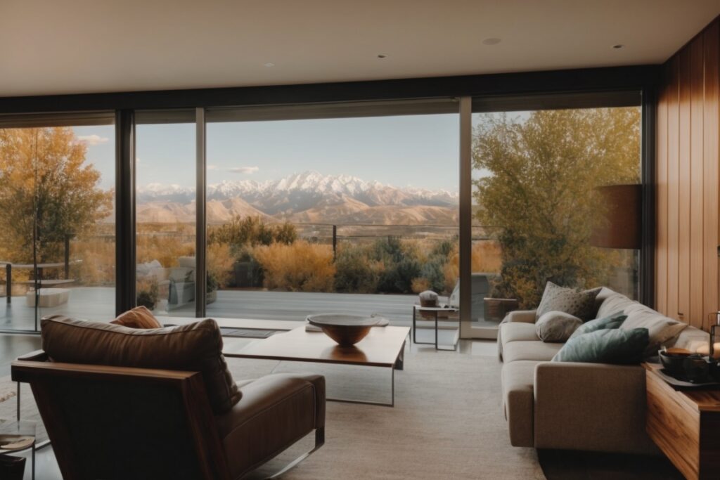 Salt Lake City home with Low-E window film, showing comfortable interior and visible Wasatch Mountains