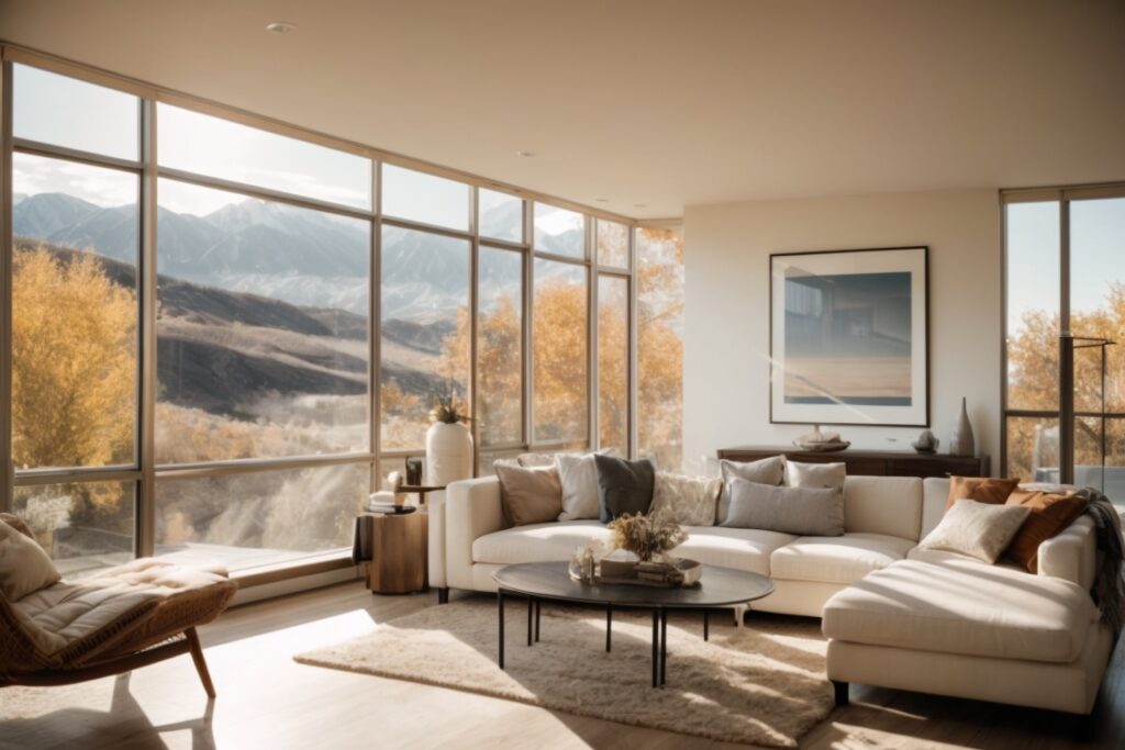 home interior with sunlight filtering through custom window film overlooking Salt Lake City mountains