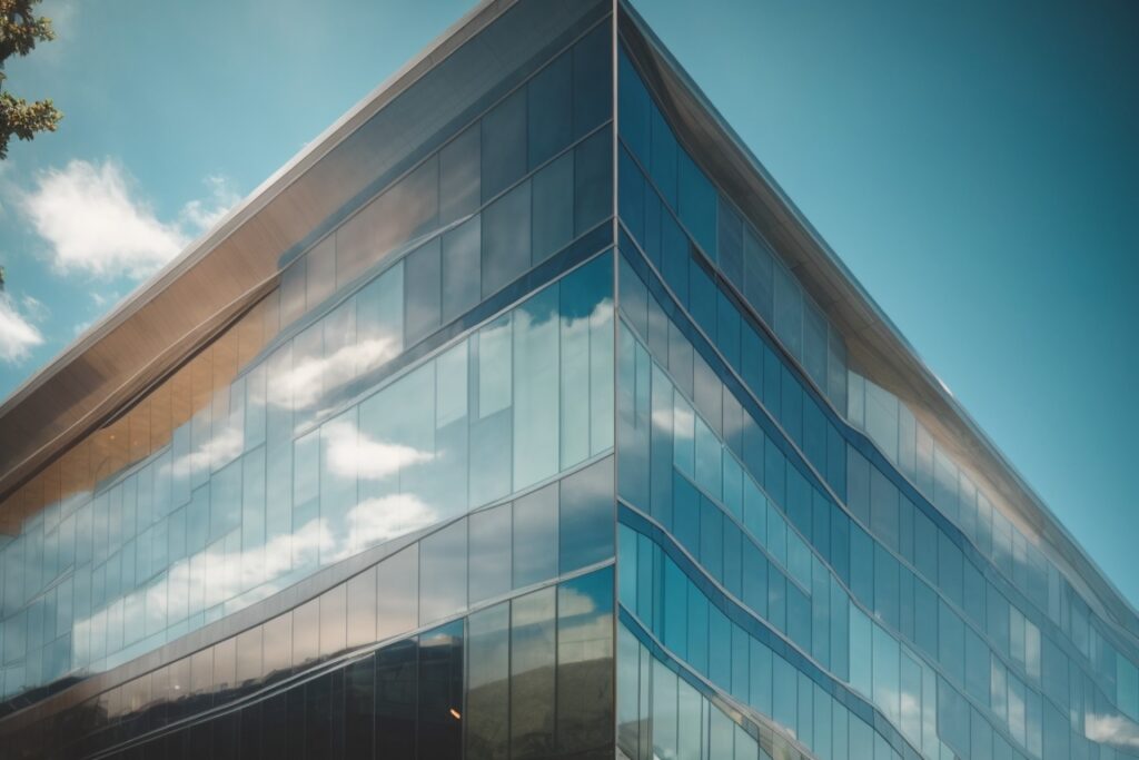 Modern office building in Salt Lake City with spectrally selective window film, reflecting summer sky