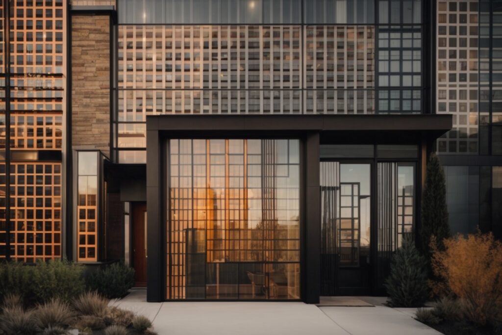 Salt Lake City home exterior with geometric patterned opaque windows