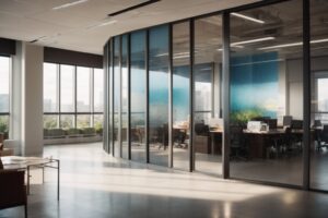modern office with decorative window film murals and natural light streaming in