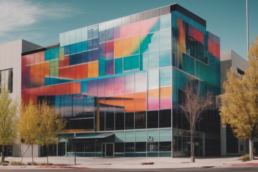 Salt Lake City building with colorful vinyl wrap enduring diverse climatic conditions