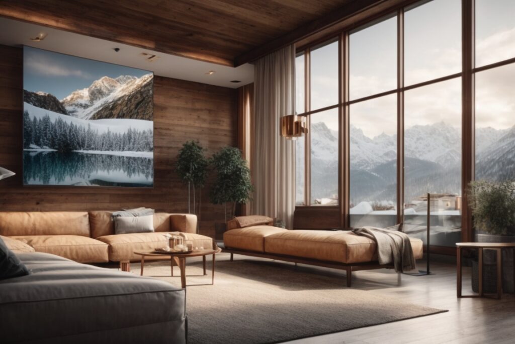 Alpine retreat themed living room with heat control window film