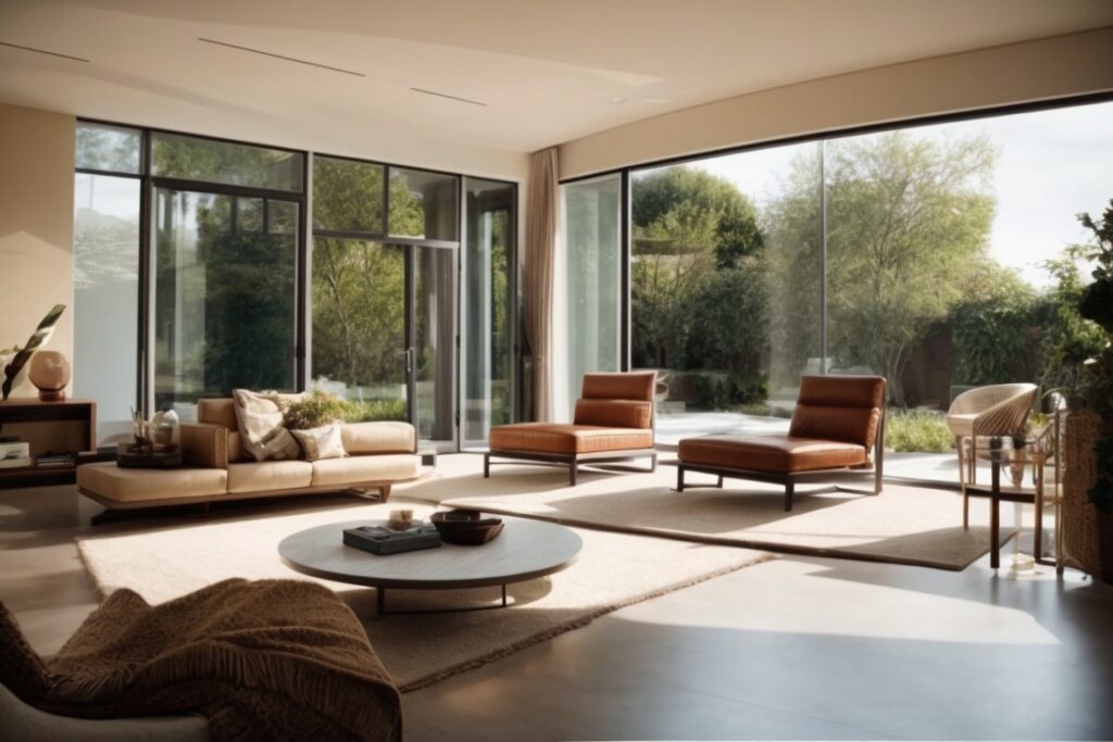 Interior living room with sun control window film, reduced glare, comfortable furnishings