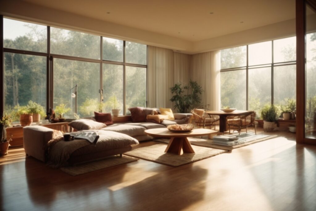 Lakeside home interior with intense sunlight filtering through windows