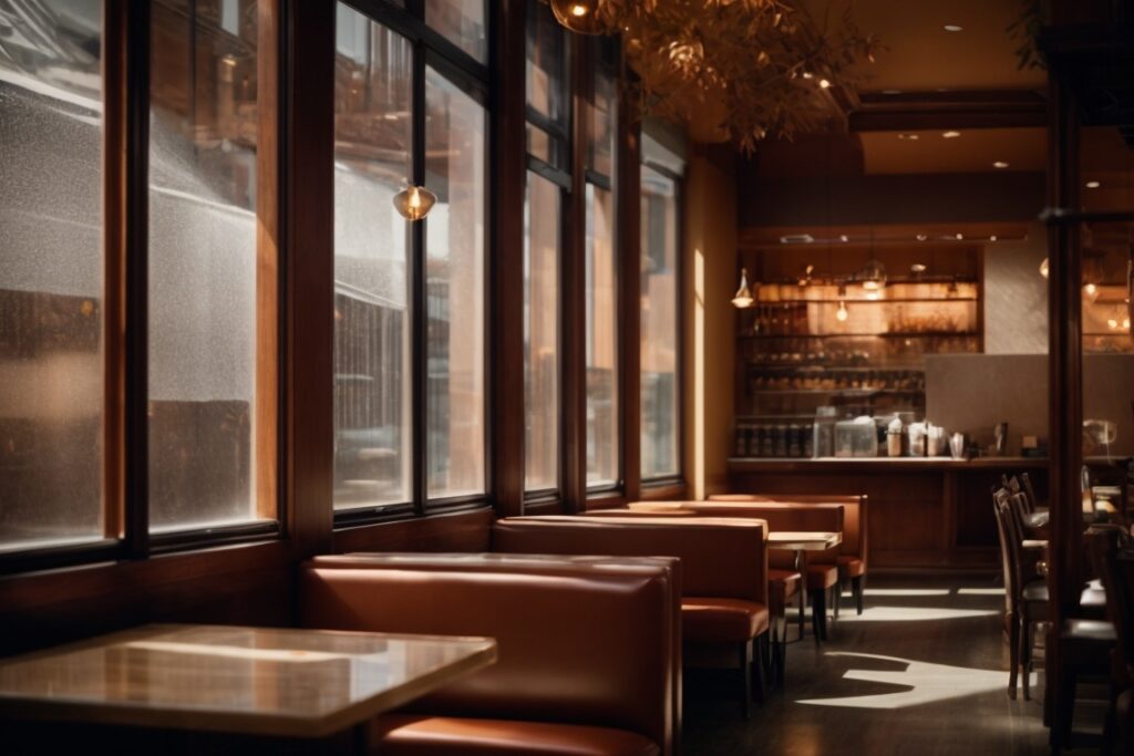 Café interior in Salt Lake City with textured window film diffusing light