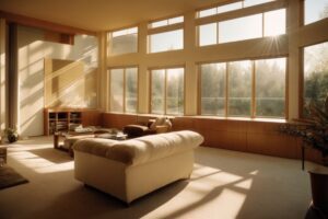 Salt Lake City home interior with tinted windows and sun rays