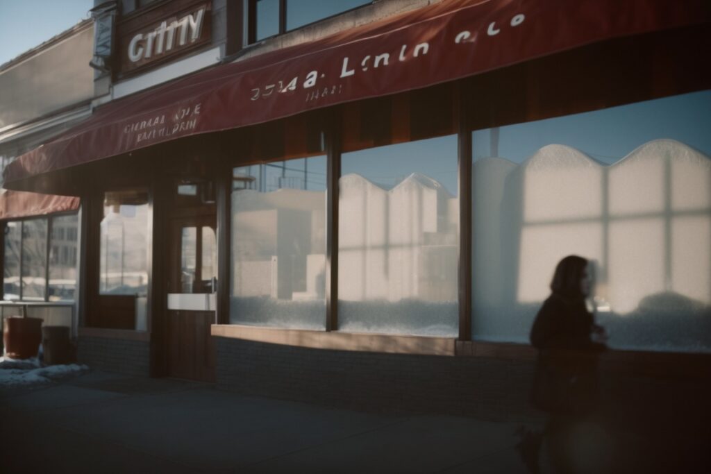 Salt Lake City coffee shop with frosted film patterned windows casting shadows