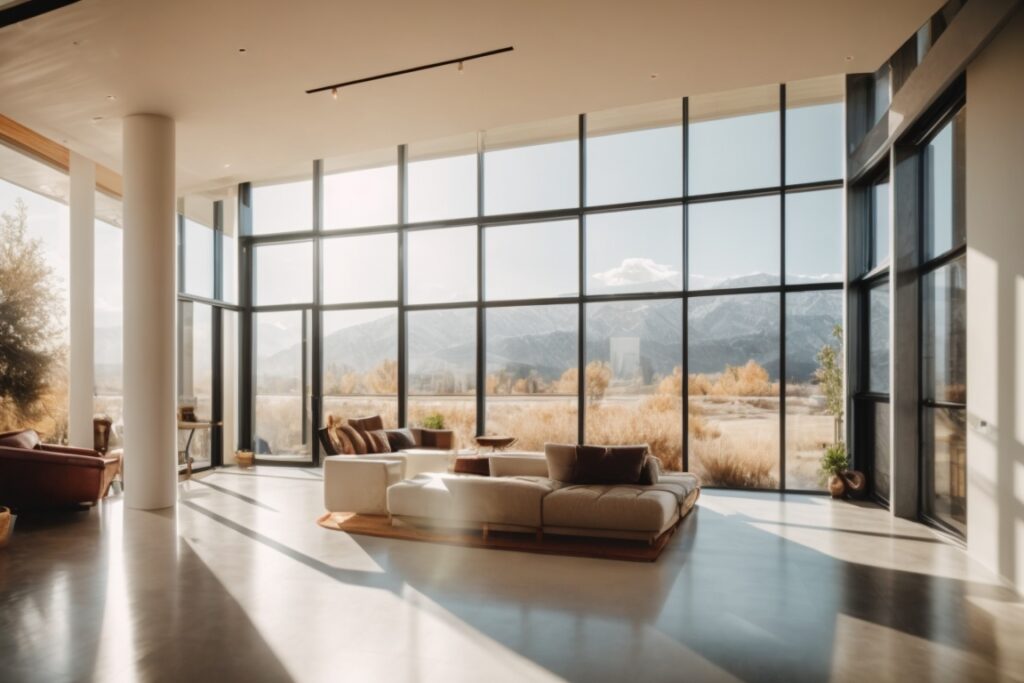 Modern home with window tinting in bright Salt Lake City sunlight, protecting sleek interior