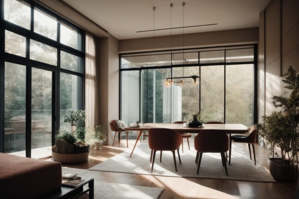modern home interior with tinted windows and visible glare reduction