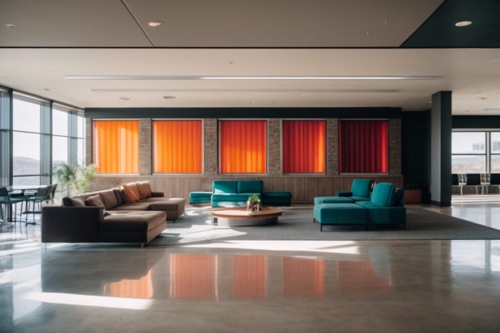 interior of a commercial space in Salt Lake City with UV blocking window film, vibrant, sun-protected furnishings