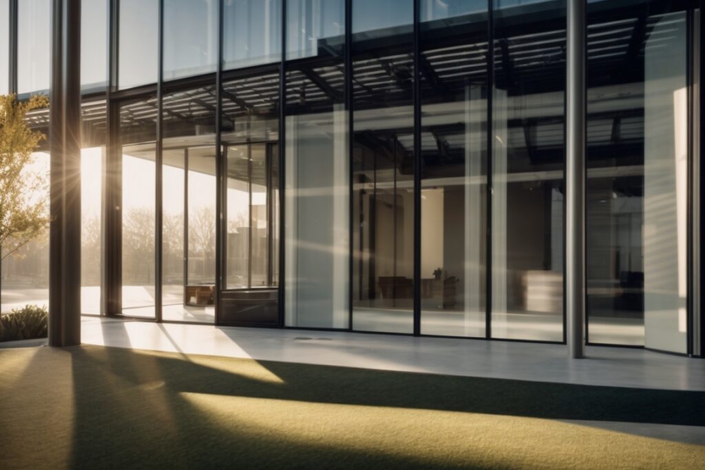 modern office interior with sunlight filtered through commercial window film