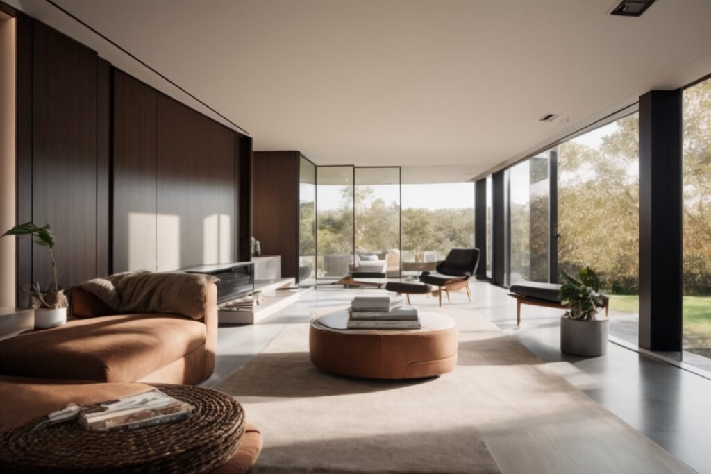 Modern home interior enhanced with energy efficient window films