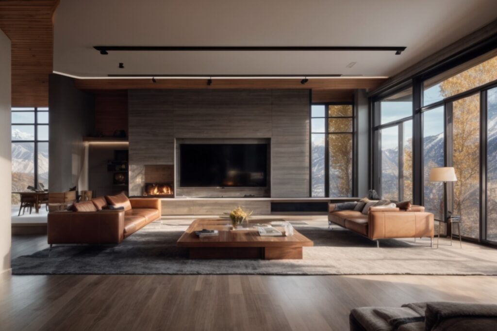 modern living room with advanced window films filtering sunlight, overlooking Wasatch Range