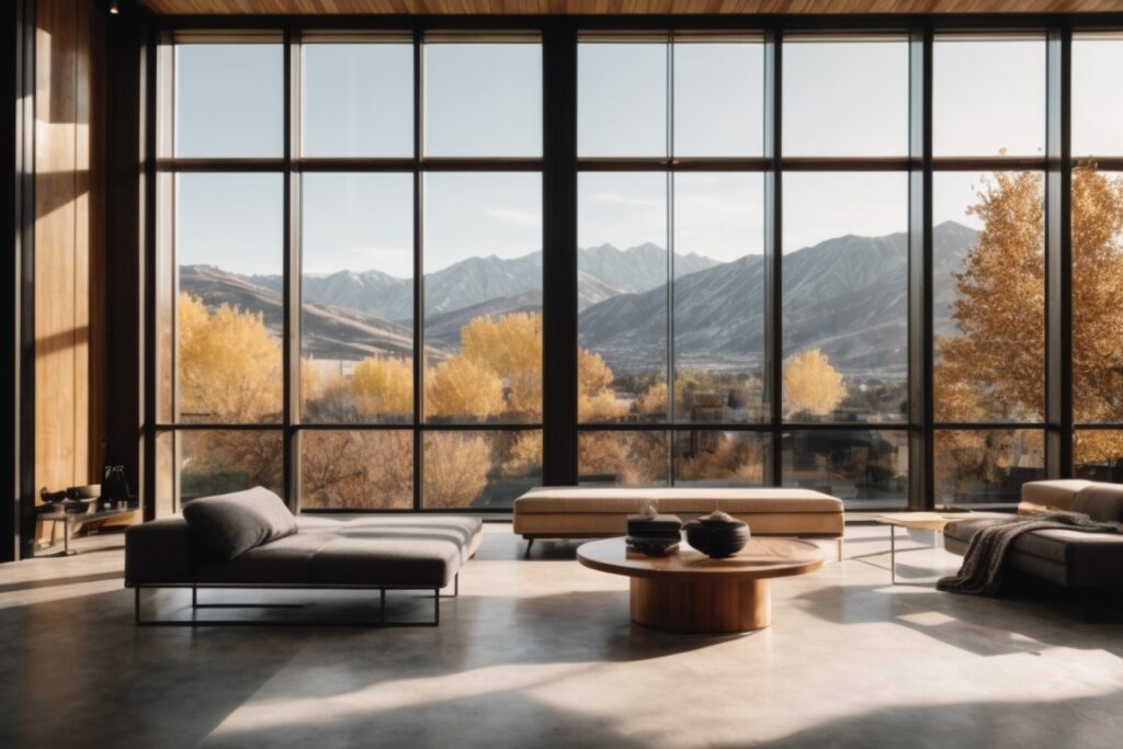 Modern Salt Lake City home with large energy-efficient windows surrounded by mountains